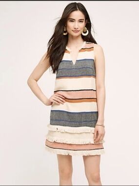 Anthropologie Cream Striped Fringe Hem Sleeveless Dress